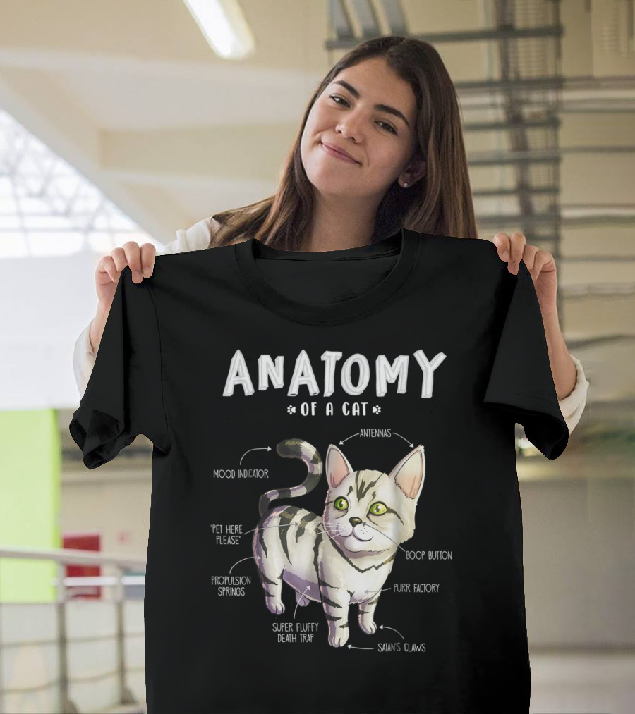 Anatomy Of A Cat Mood Indicator Antennas Super Fluffy Death Trap Boop Button Cute Funny Kitten Pet T-Shirt