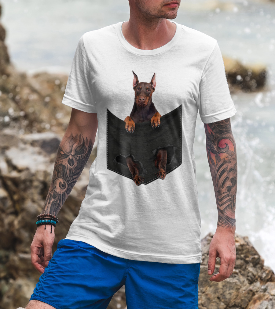 Doberman Pinscher Peeking From Ripped Pocket T-Shirt