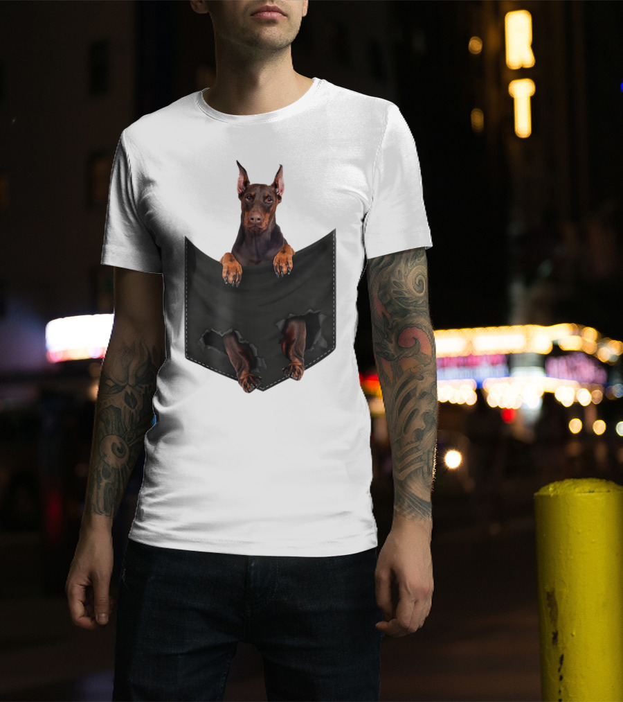 Doberman Pinscher Peeking From Ripped Pocket T-Shirt