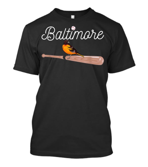 Baltimore Oriole On Baseball Bat With Baseball Themed Font T-Shirt