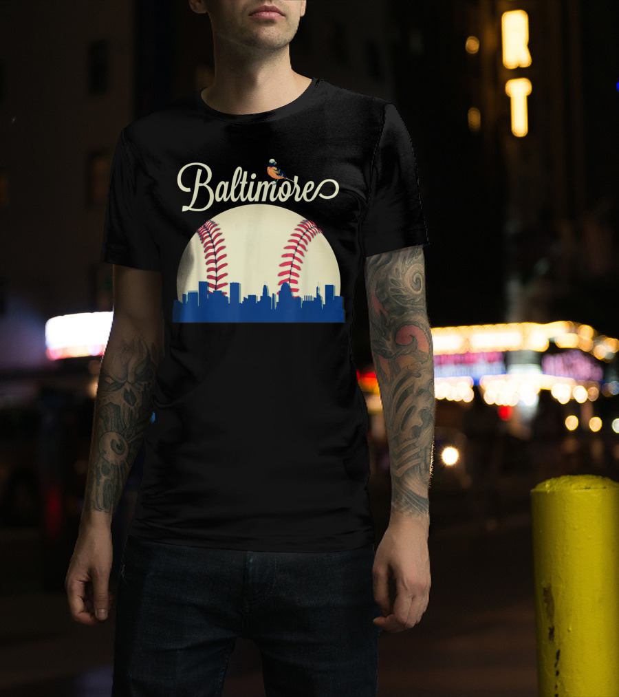 Baltimore Skyline With Baseball And Oriole Bird T-Shirt