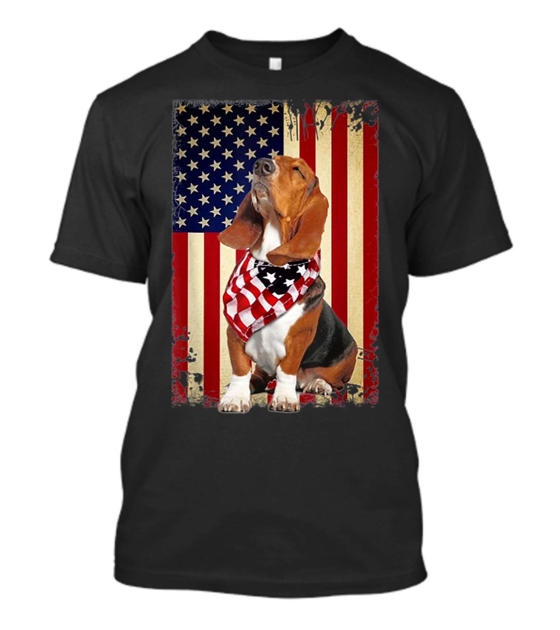 Basset Hound With American Flag Scarf Against USA Flag Background T-Shirt