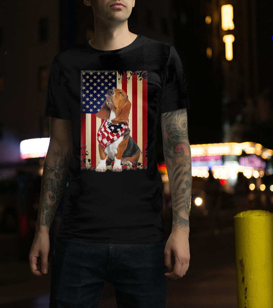 Basset Hound With American Flag Scarf Against USA Flag Background T-Shirt