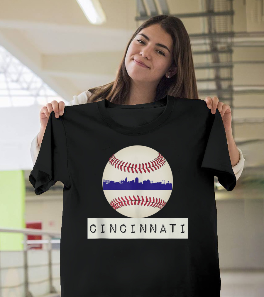 Cincinnati Skyline on Baseball with Red Stitches T-Shirt