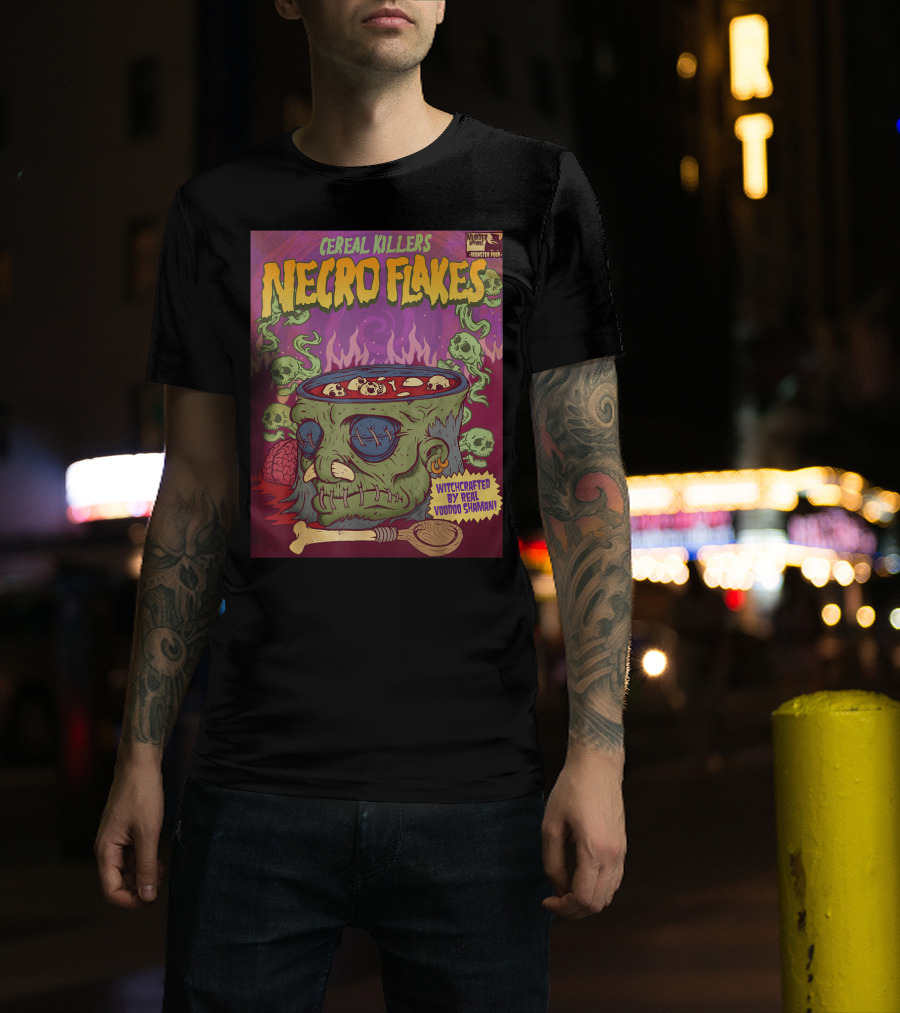 Cereal Killers Necro Flakes Witchcrafted By Real Voodoo Shaman Monster Food Horror Fans Nerds T-Shirt