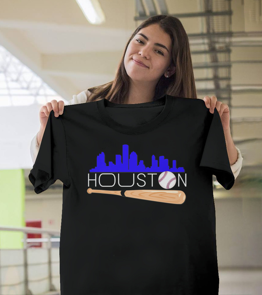Houston Baseball Astro Font Skyline With Bat And Ball T-Shirt
