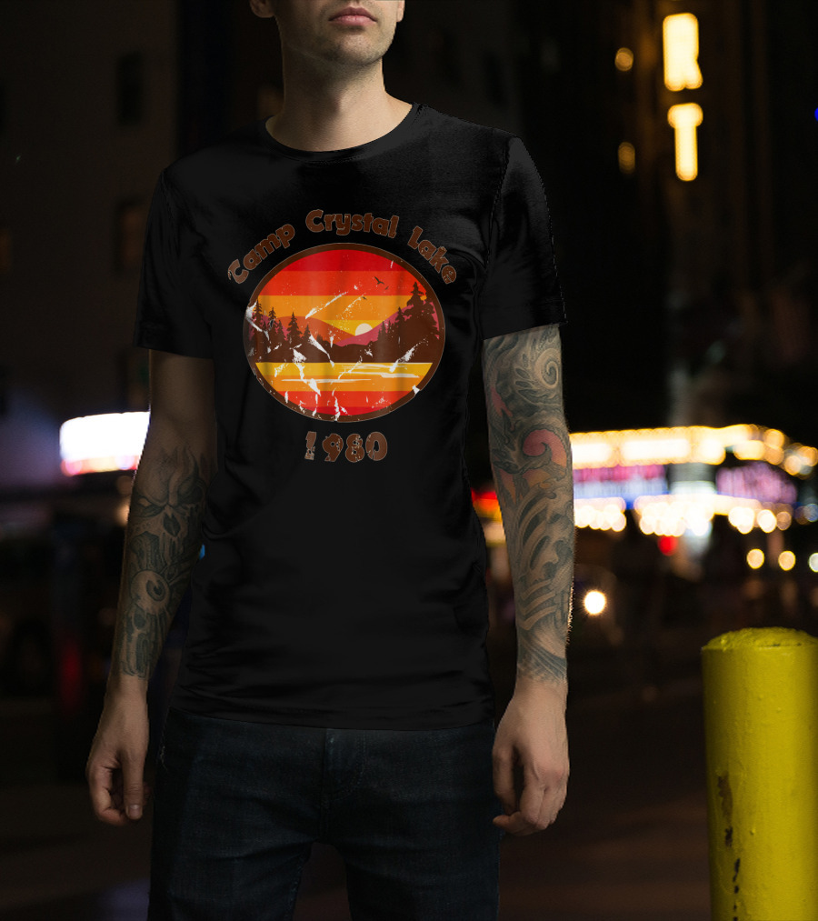 Camp Crystal Lake 1980 Retro Sunset Forest Scene T-Shirt