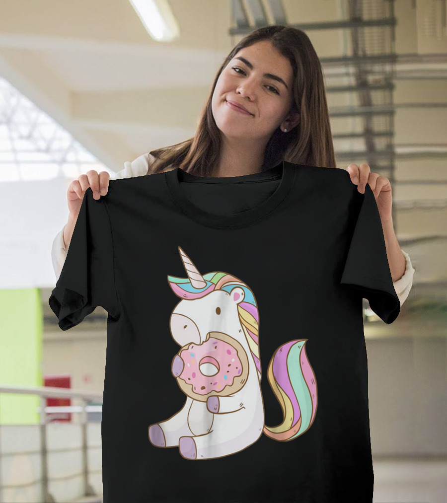 Cute Hungry Unicorn Enjoying a Delicious Donut with Sprinkles T-Shirt