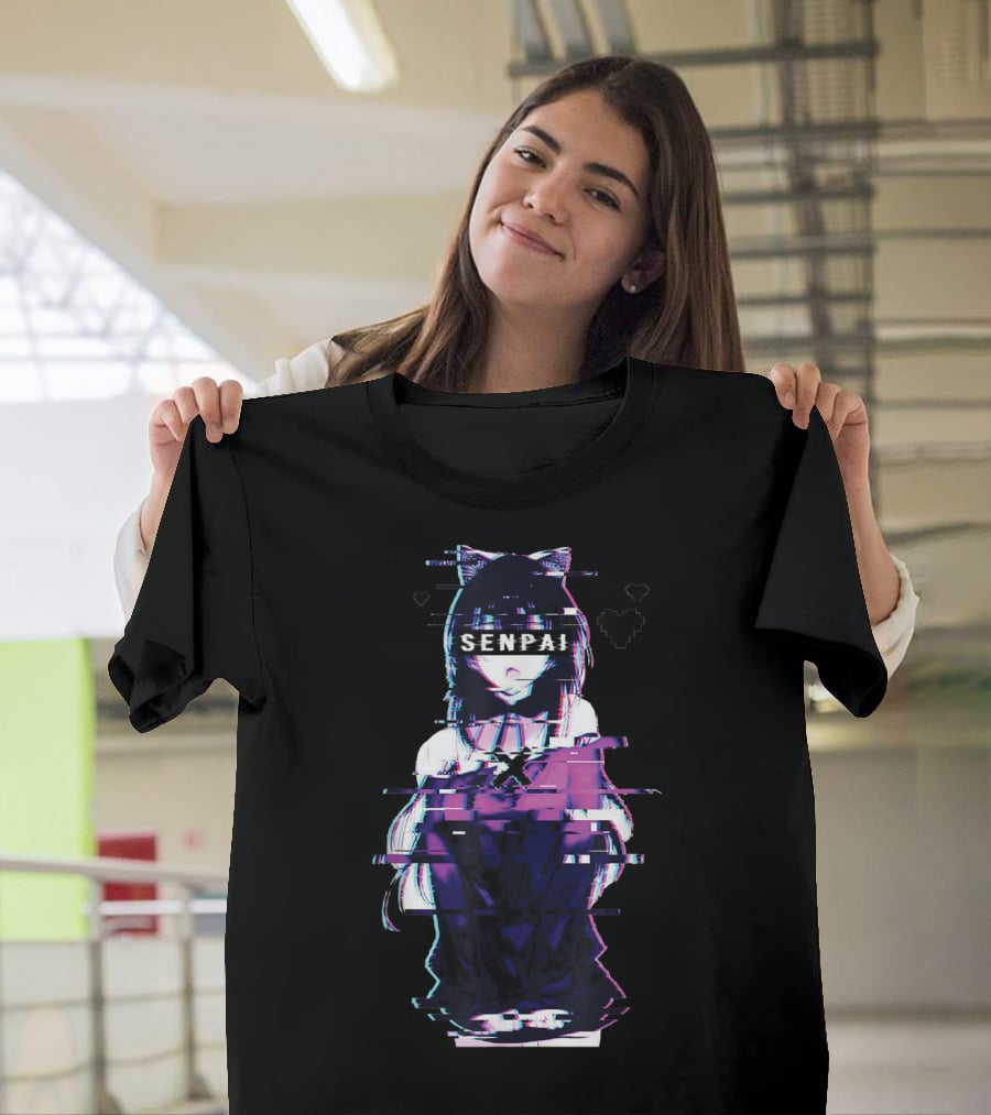 Japanese Anime Senpai Cat Girl Glitch Art Notice Me Senpai T-Shirt