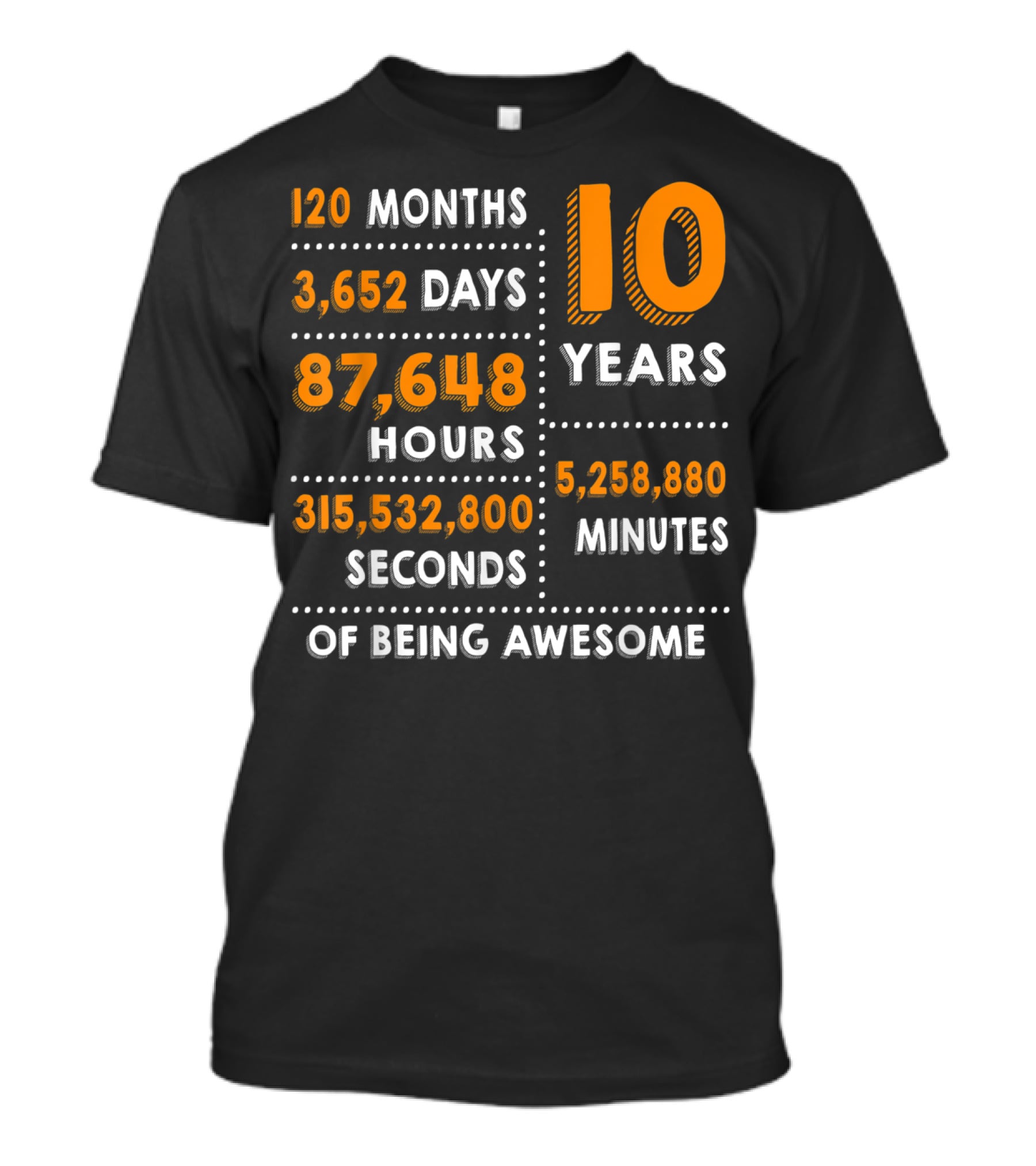 120 Months 3652 Days 87648 Hours 315532800 Seconds 10 Years 5258880 Minutes Of Being Awesome T-Shirt