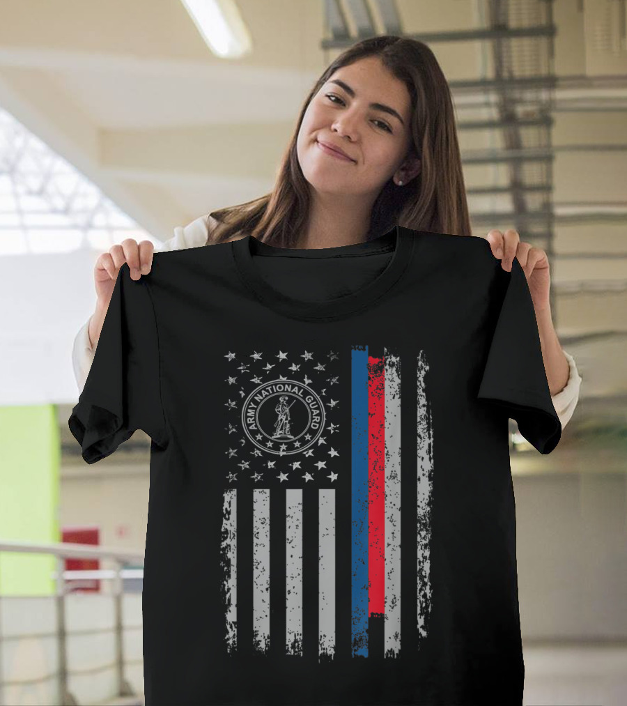American Flag Army National Guard Symbol with Distressed Stripes T-Shirt