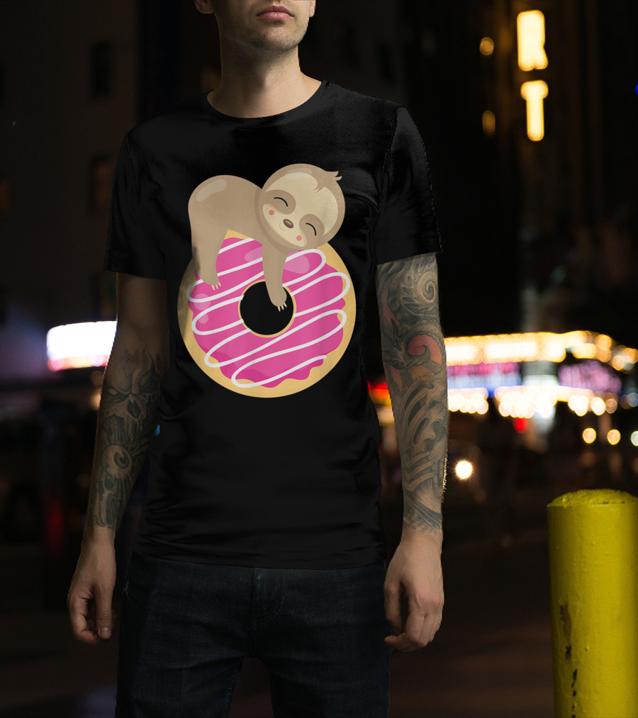 Baby Sloth Sleeping On Pink Frosted Donut T-Shirt