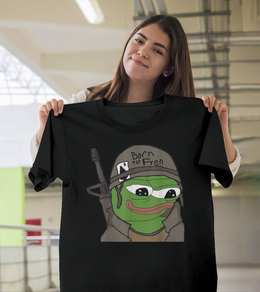 Born to Fren Pepe Military Helmet Cartoon with Rifle T-Shirt