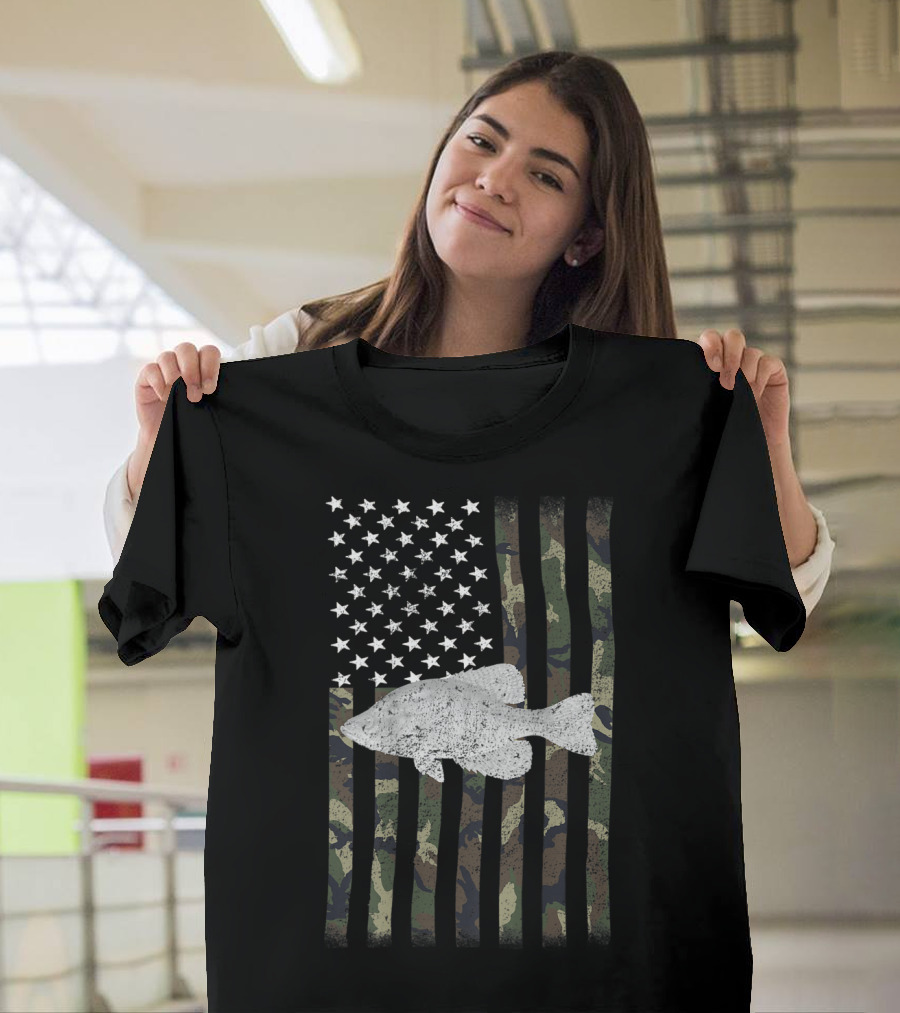 Camouflage American Flag Crappie Fishing T-Shirt