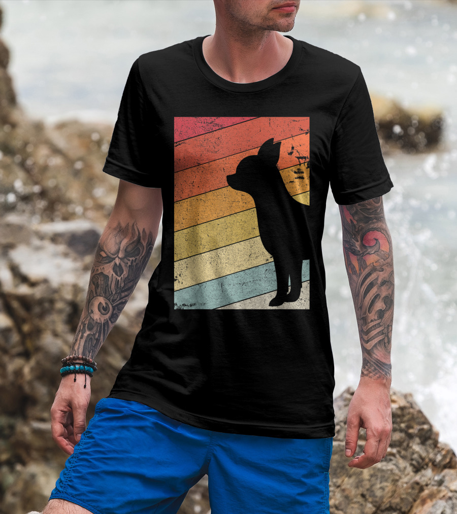 Chihuahua Style Retro Silhouette With Vintage Rainbow Stripes T-Shirt