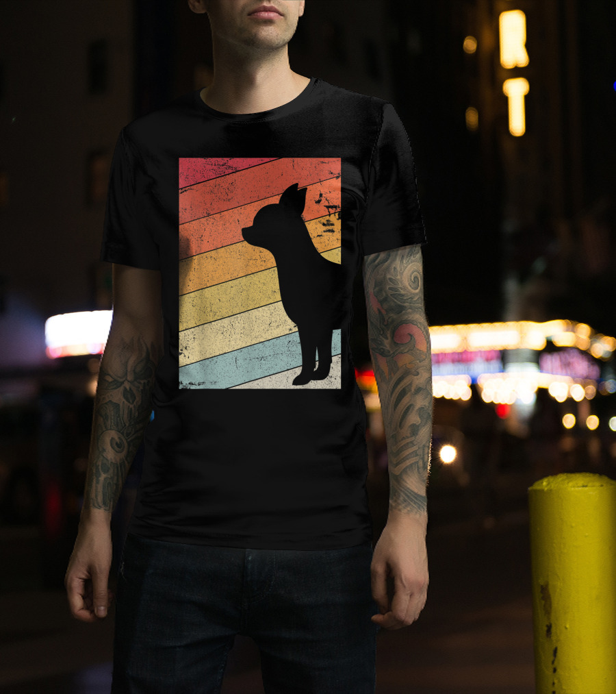 Chihuahua Style Retro Silhouette With Vintage Rainbow Stripes T-Shirt