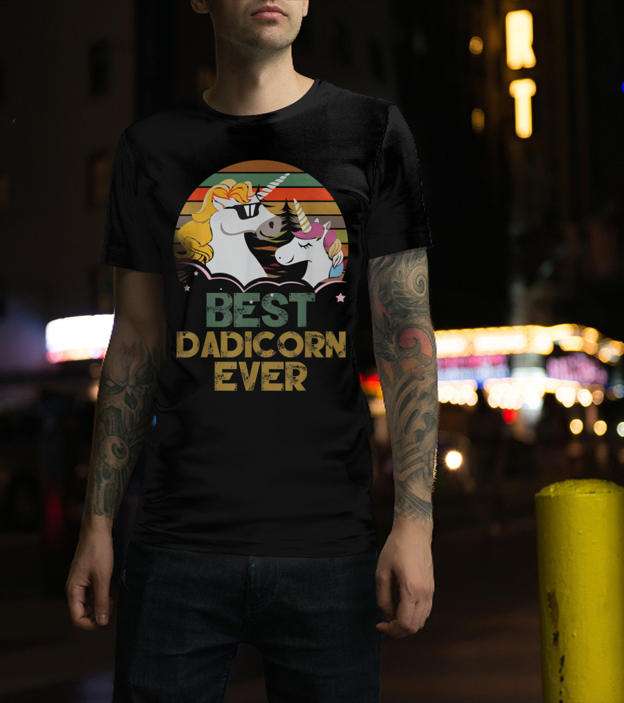 Best Dadicorn Ever Retro Funny Unicorns With Sunset Stripes T-Shirt
