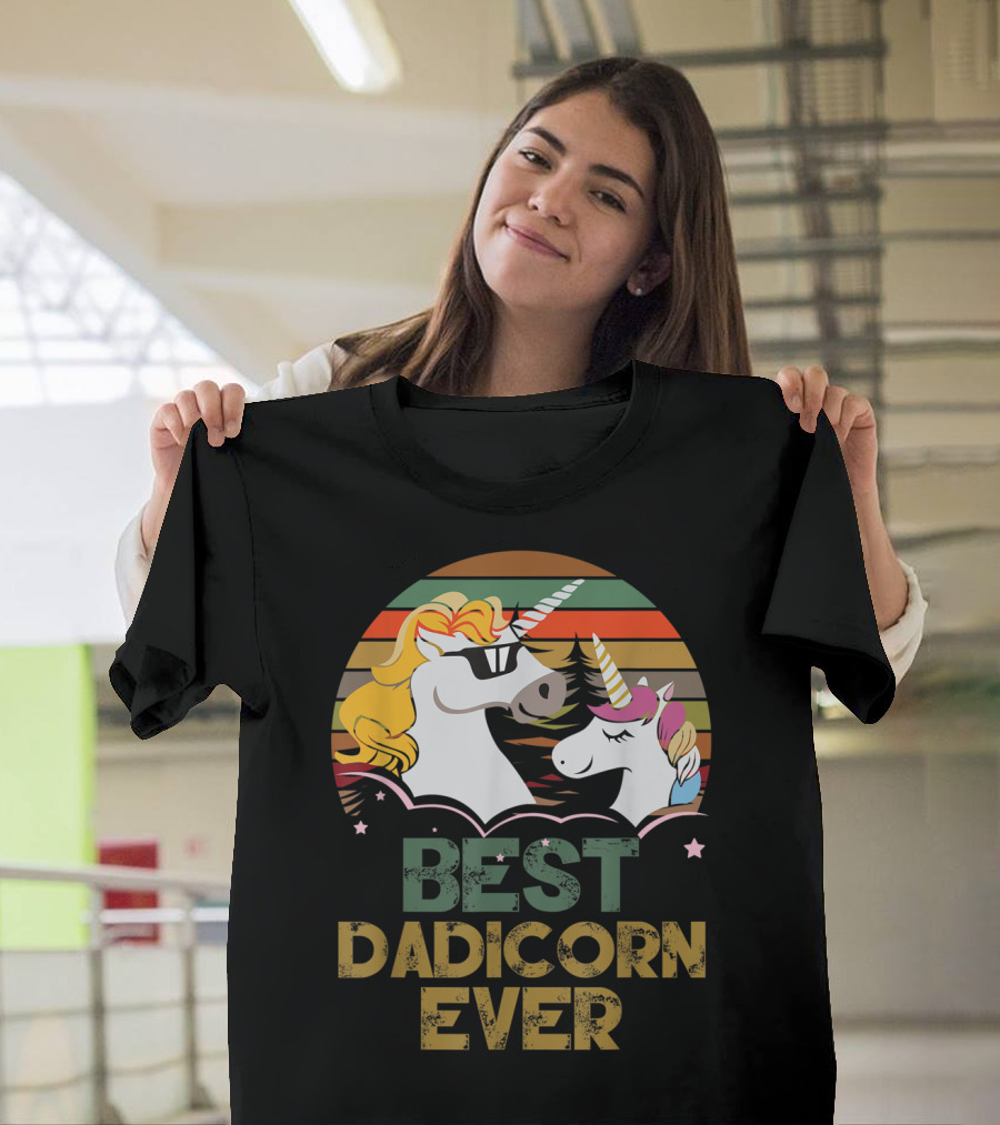 Best Dadicorn Ever Retro Funny Unicorns With Sunset Stripes T-Shirt