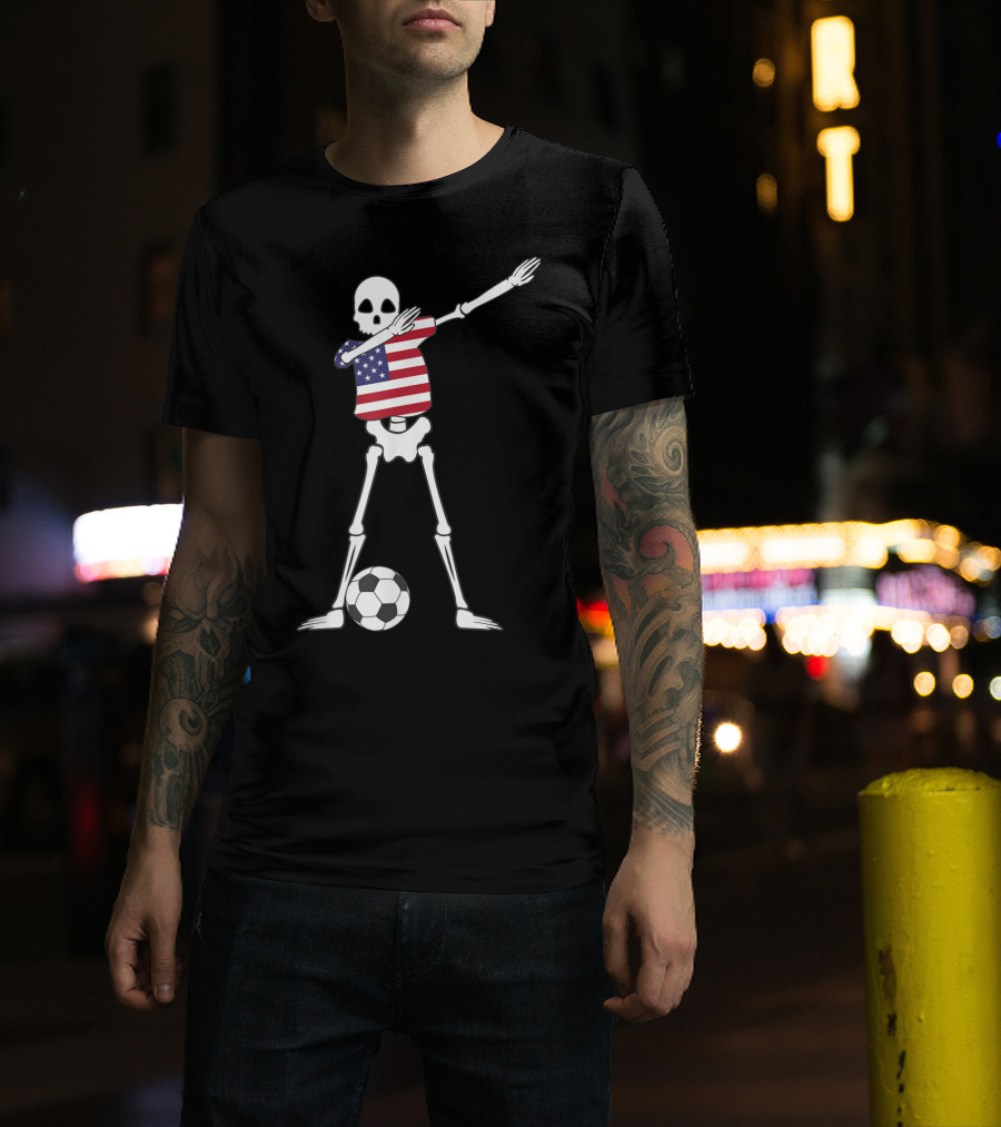 Dabbing Skeleton USA Soccer American Flag Dab Dance Football T-Shirt