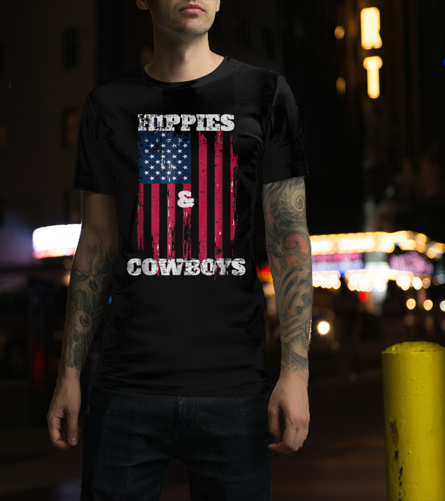 Hippies Cowboys And American Flag Distressed Look T-Shirt