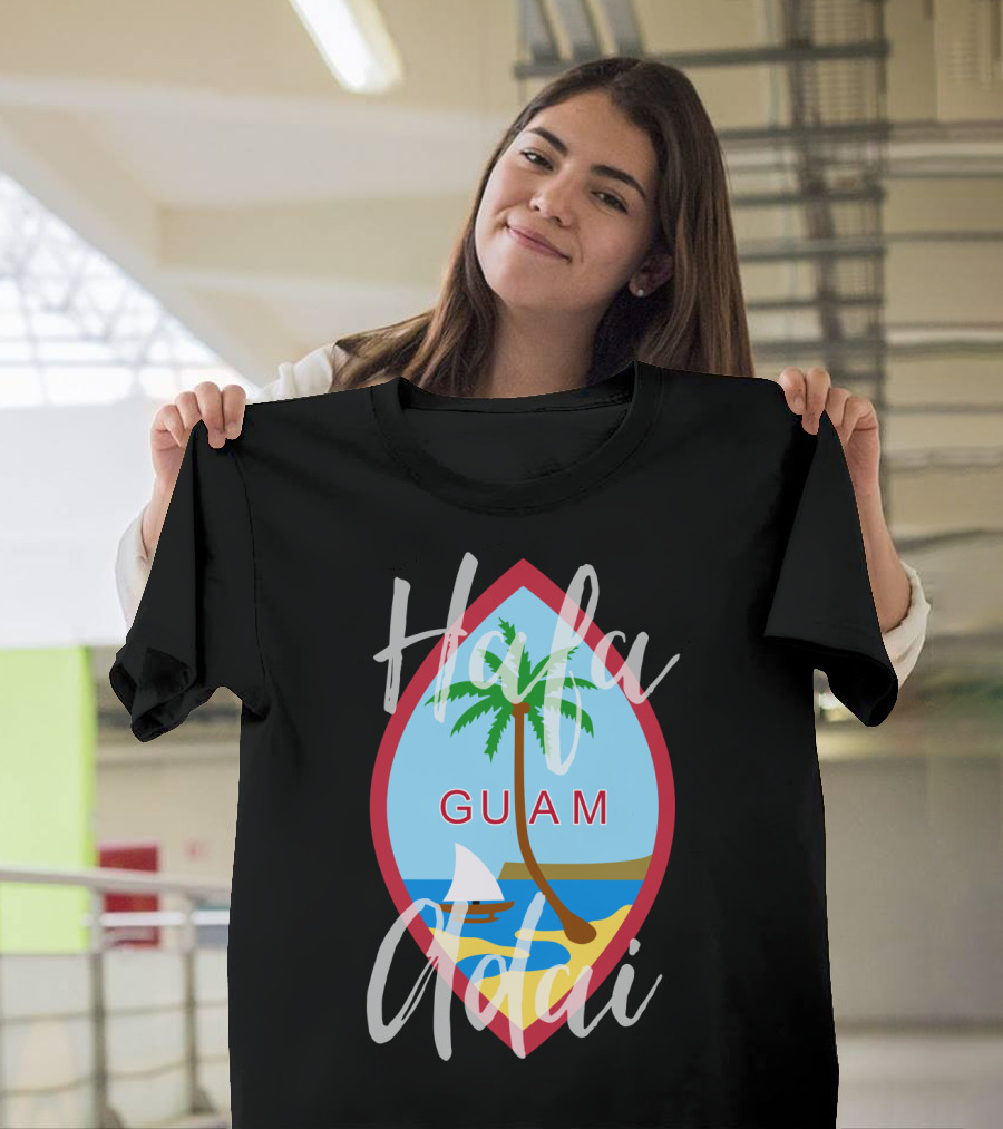 Hafa Adai Guam Palm Tree Beach Sailboat Emblem T-Shirt