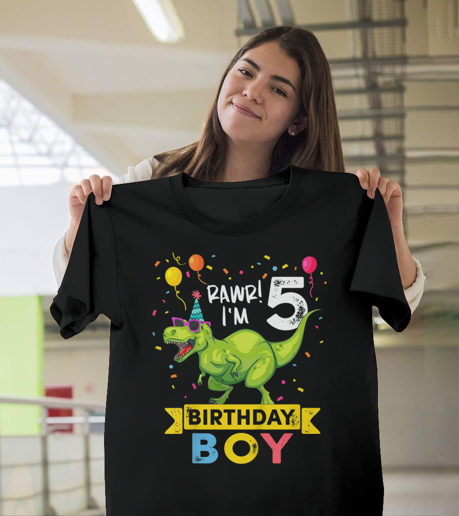 RAWR I'm 5 Birthday Boy Dinosaur Party Hat Balloons And Confetti T-Shirt