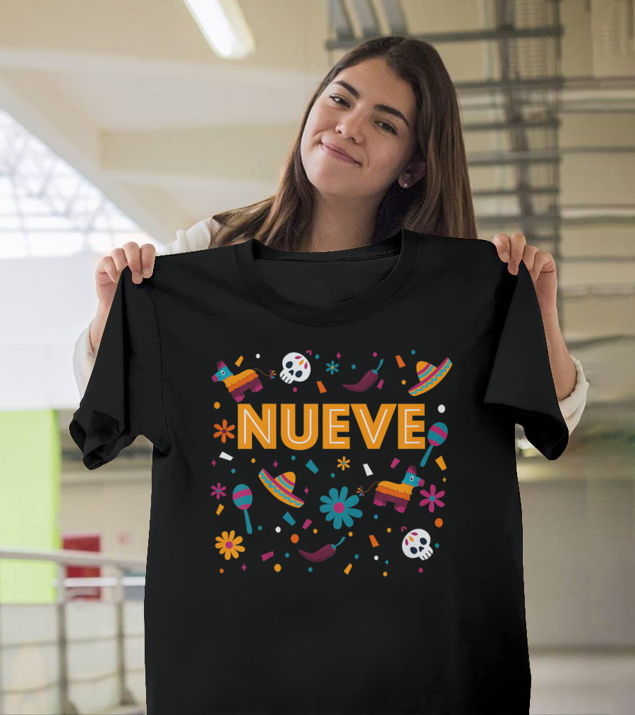 Kids 9 Year Old Mexican Fiesta Birthday Nueve Pinata Sombrero Maracas Skulls Flowers T-Shirt