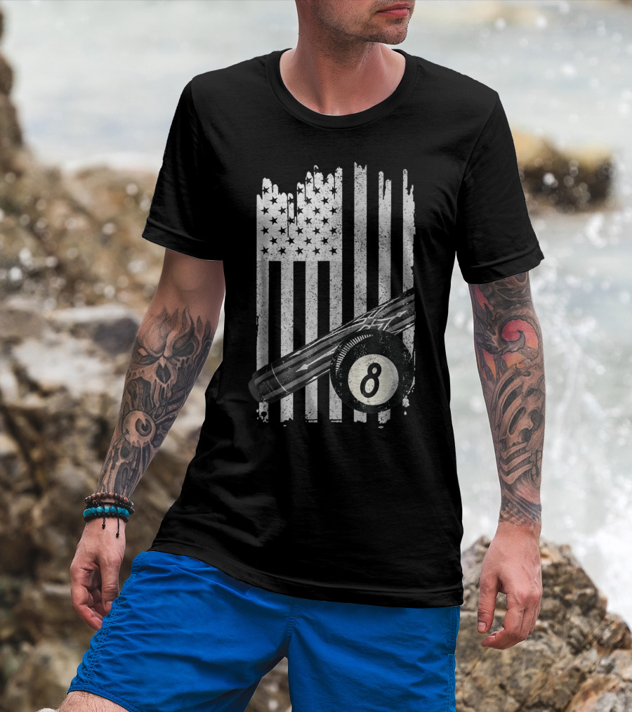 American Flag Billiard Cue And 8 Ball Pool Table T-Shirt