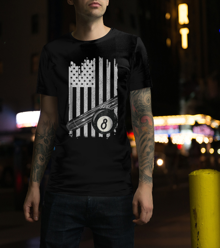 American Flag Billiard Cue And 8 Ball Pool Table T-Shirt