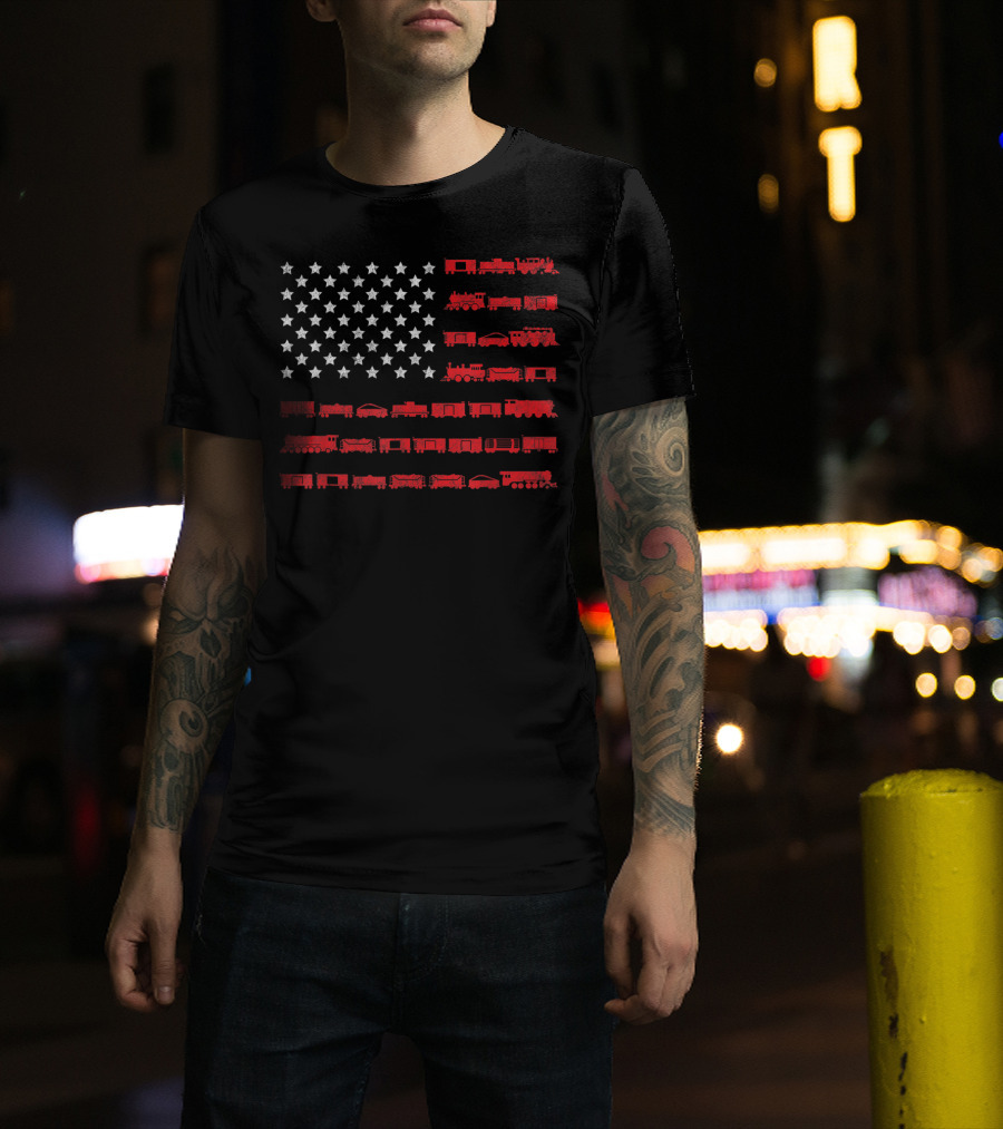 American Flag Made Of Red Railroad Trains And White Stars T-Shirt