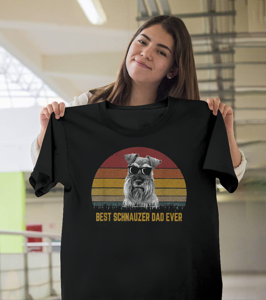 Best Schnauzer Dad Ever Funny Pet Dog Retro Sunset Sunglasses T-Shirt