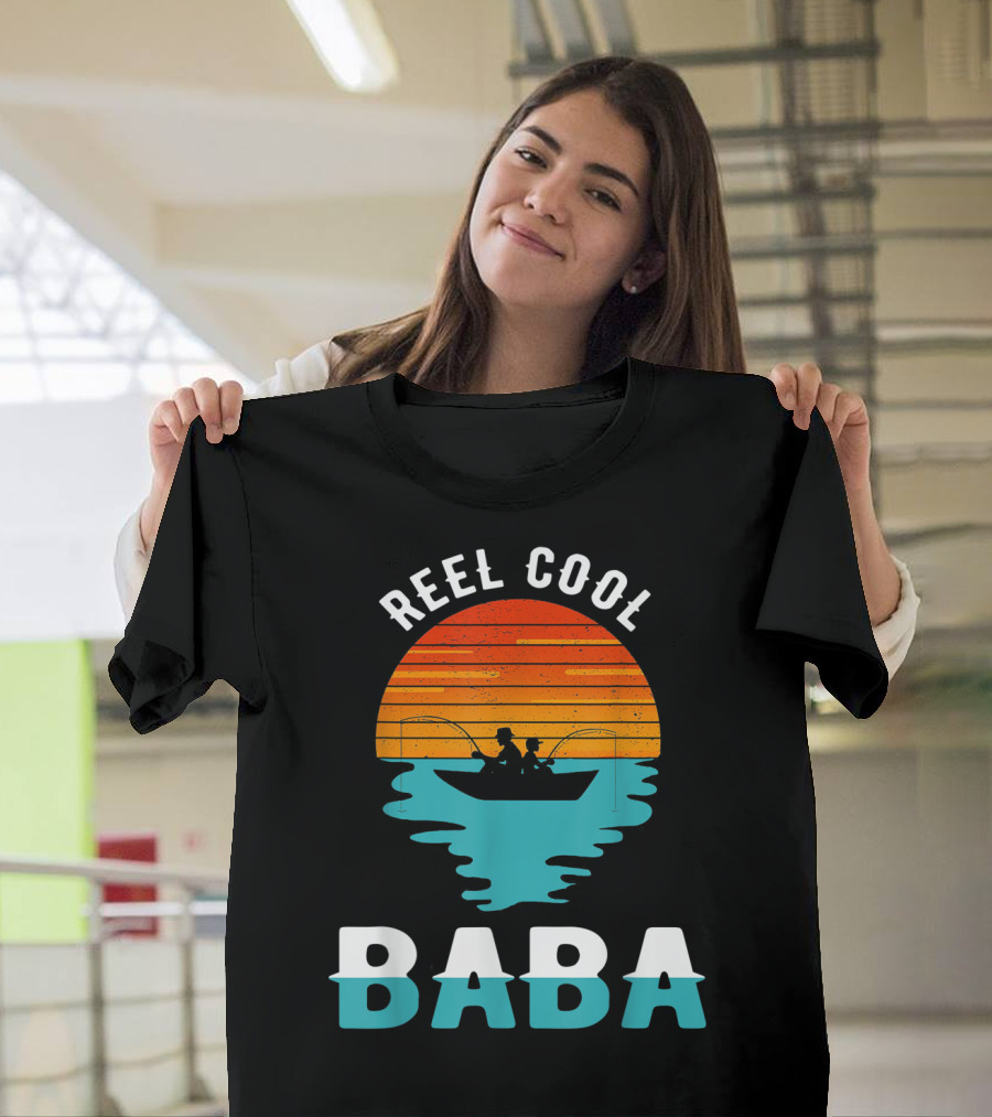 Reel Cool Baba Father's Day Fishing Silhouette Sunset T-Shirt
