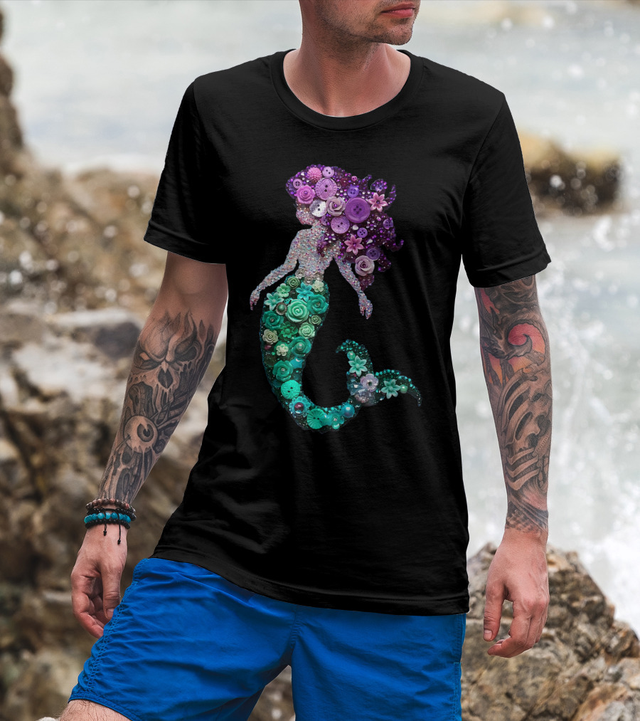 Flower Mermaid Purple Green Buttons T-Shirt