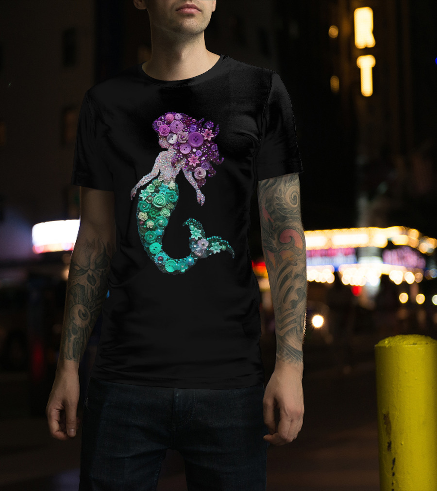 Flower Mermaid Purple Green Buttons T-Shirt