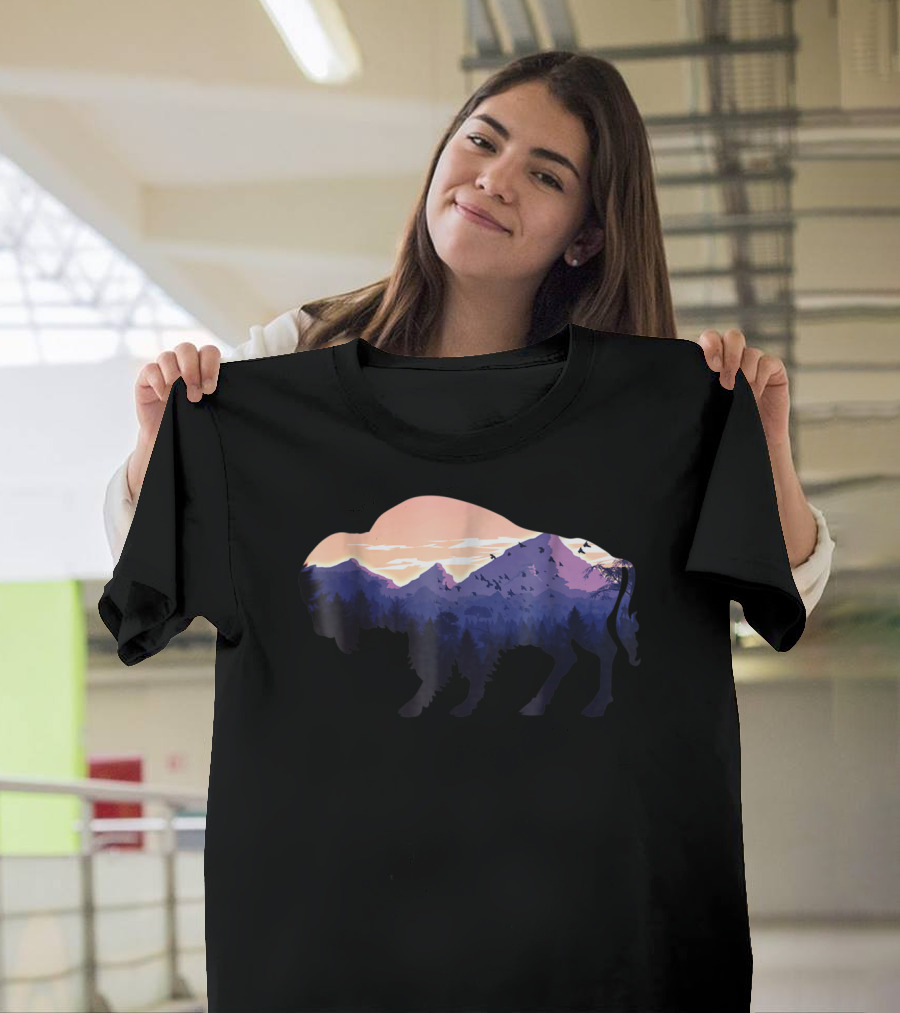 Bison Silhouette with Mountain and Forest Scene T-Shirt