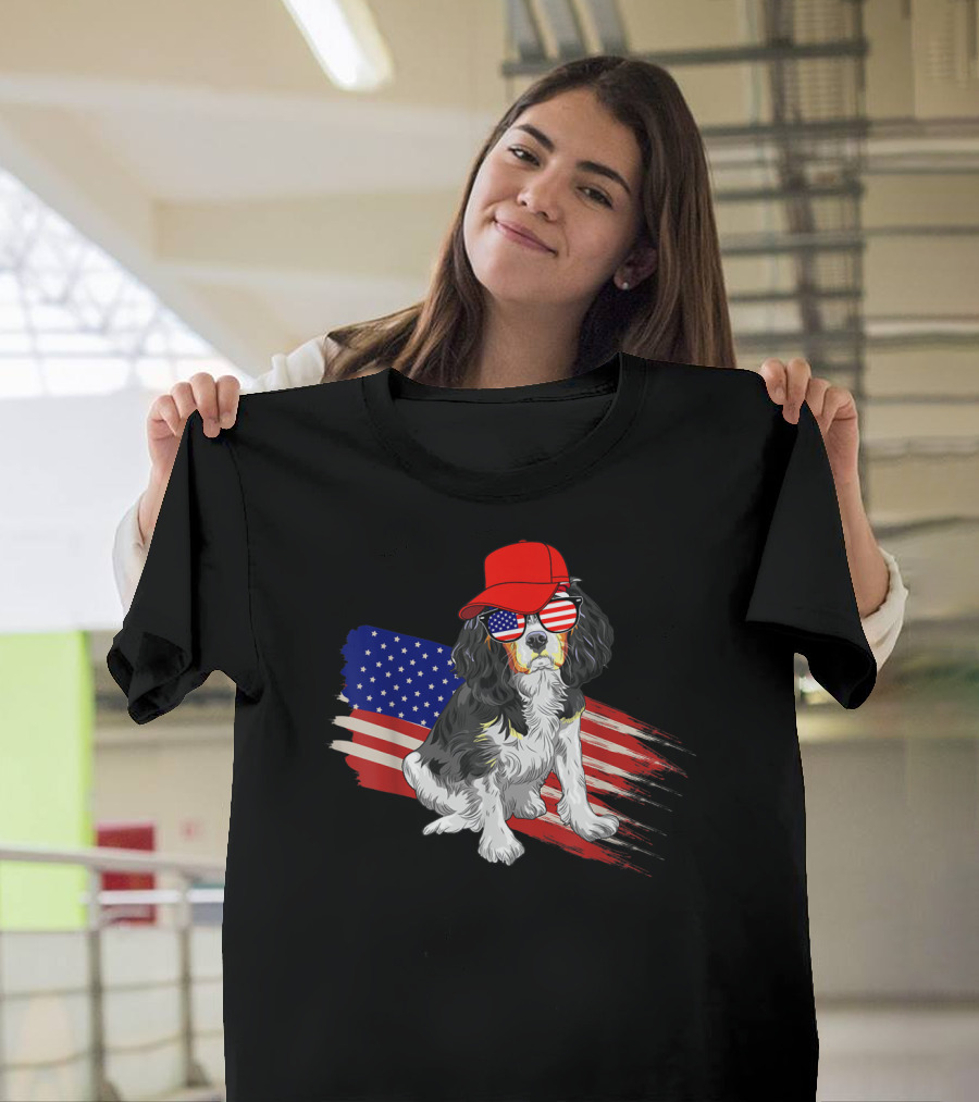 Cavalier King Charles Spaniel USA Flag Hat Sunglasses Patriotic Fourth of July T-Shirt