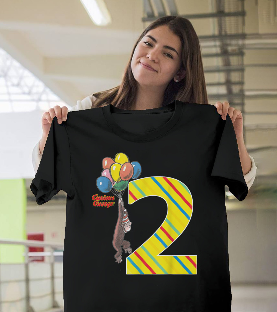 Curious George Holding Balloons Next To Colorful Striped Number 2 For Second Birthday T-Shirt