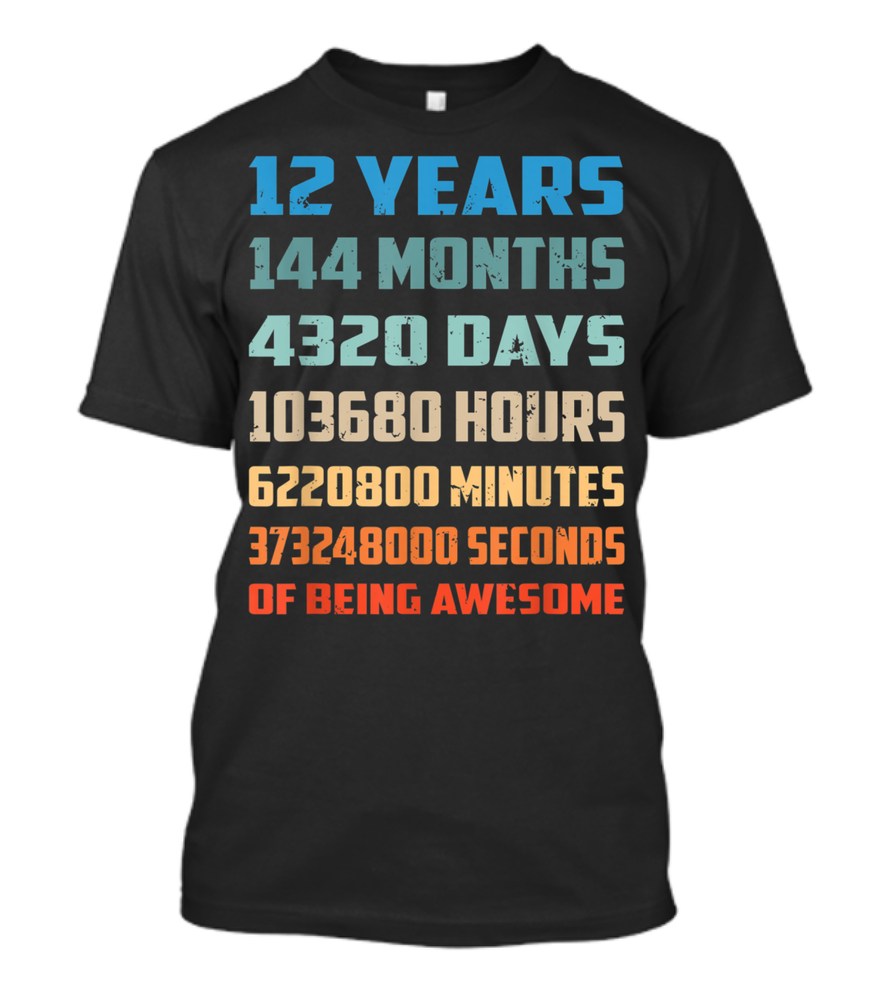 12 Years 144 Months 4320 Days 103680 Hours 6220800 Minutes 373248000 Seconds Of Being Awesome T-Shirt