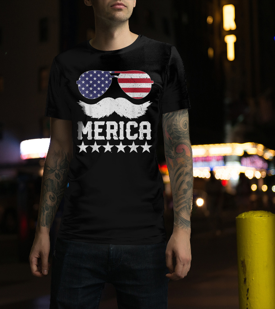MERICA USA Flag Mustache Sunglasses Stars Independence Day T-Shirt