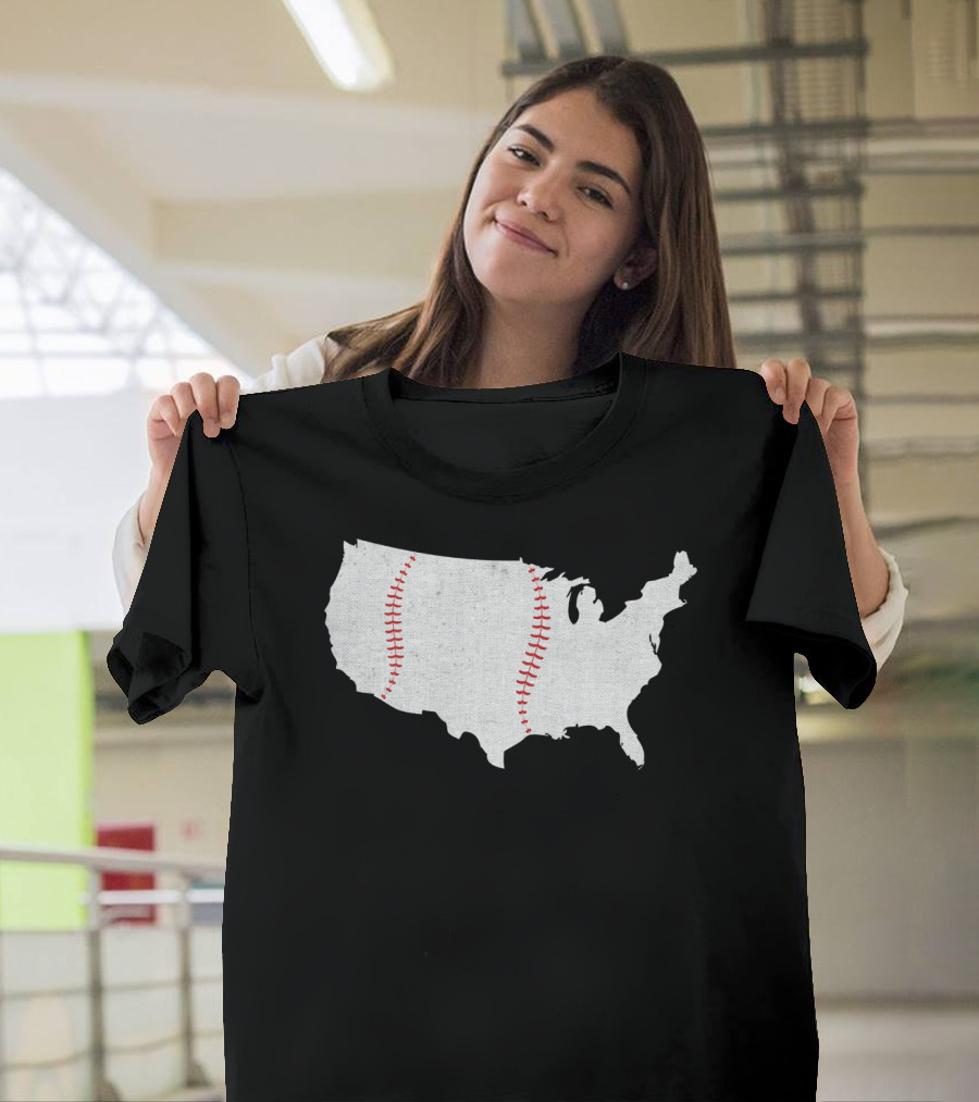 Baseball Is America's Pastime USA Map Stitch T-Shirt