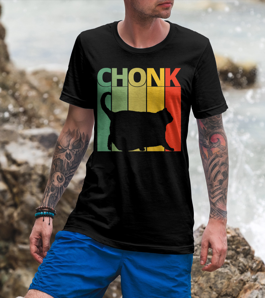 Chonk Cat Meme Funny Big Chungus Retro Stripes T-Shirt
