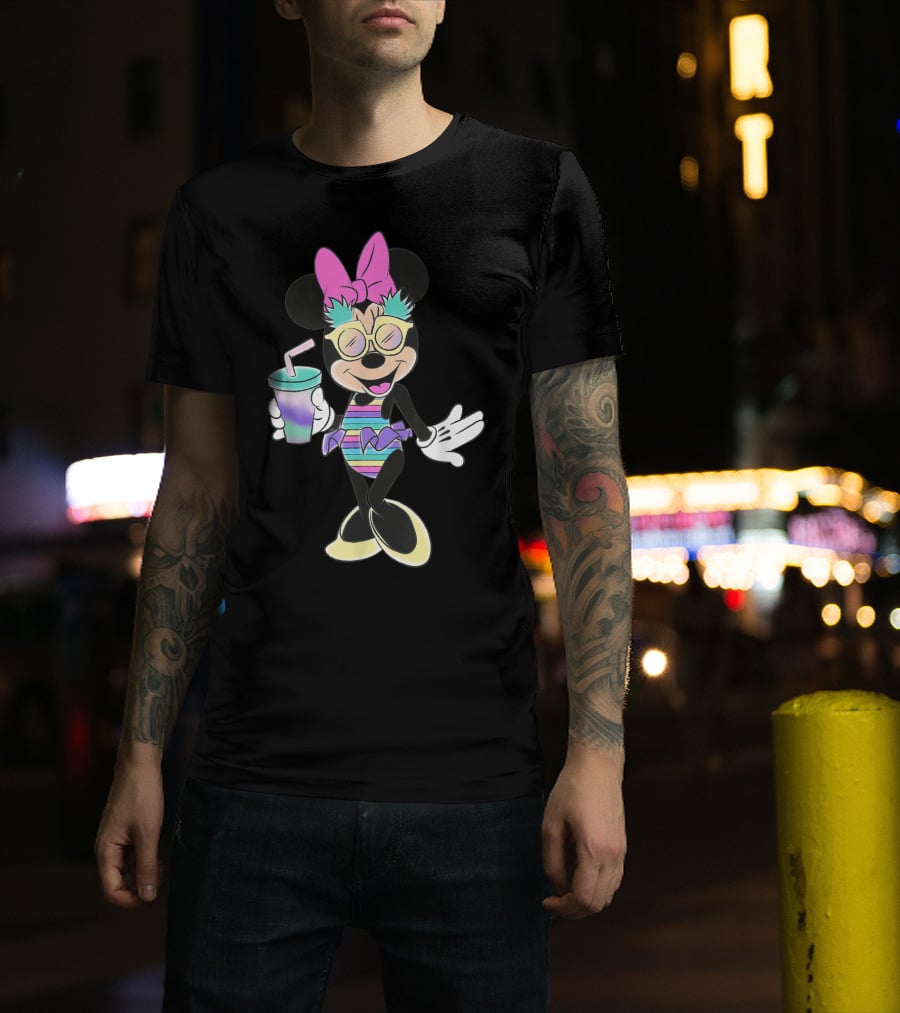 Disney Minnie Mouse Striped Swimsuit With Unicorn Colors And Pineapple Sunglasses T-Shirt