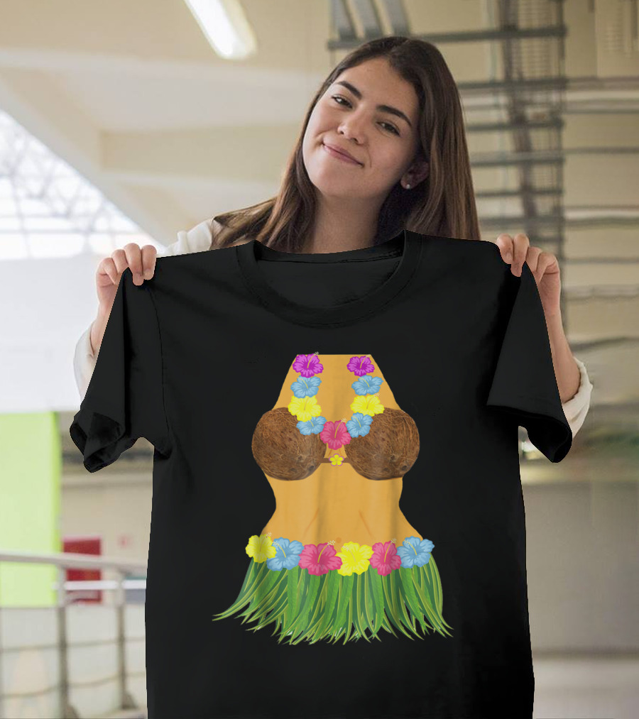 Coconut Bra Grass Skirt Lei Flowers Summer Tropical T-Shirt