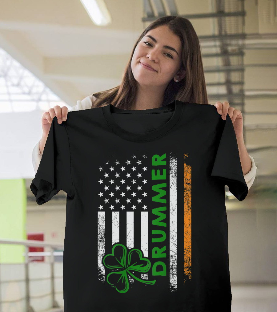 Drummer American Flag Shamrock Irish Drummer T-Shirt