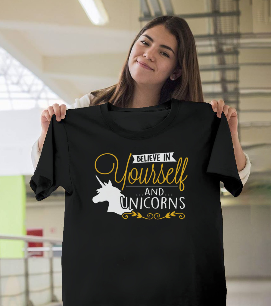 Believe in Yourself and Unicorns Head Graphic Whimsical Font T-Shirt