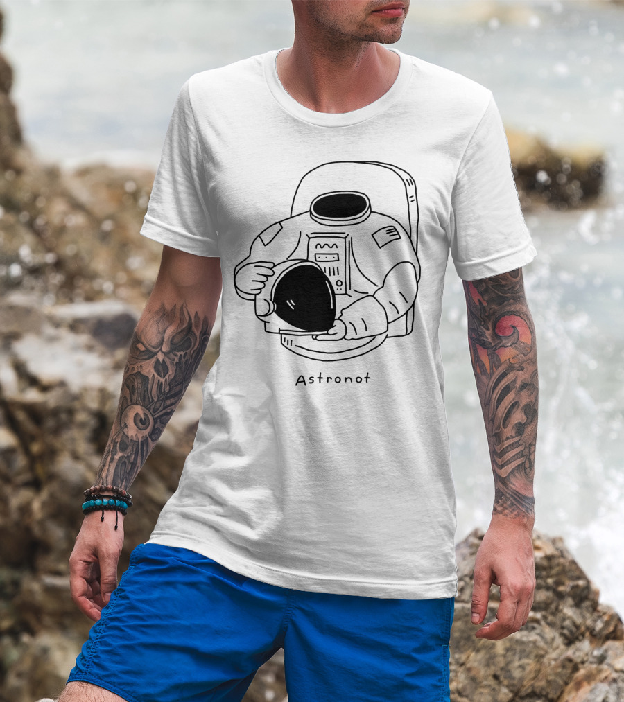 Astronot Spacesuit Holding Helmet With American Flag Patch T-Shirt