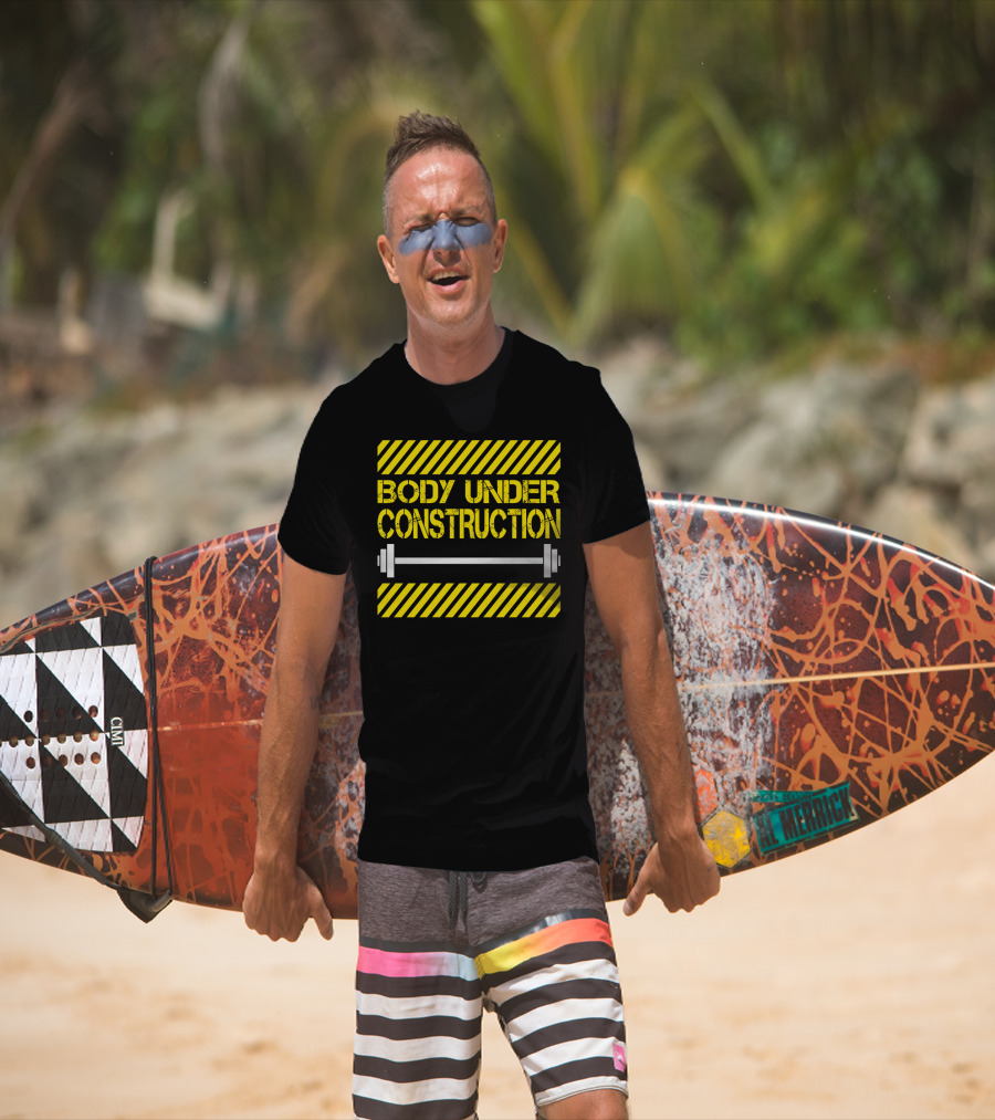 Body Under Construction Yellow Stripes Weightlifting Barbell T-Shirt