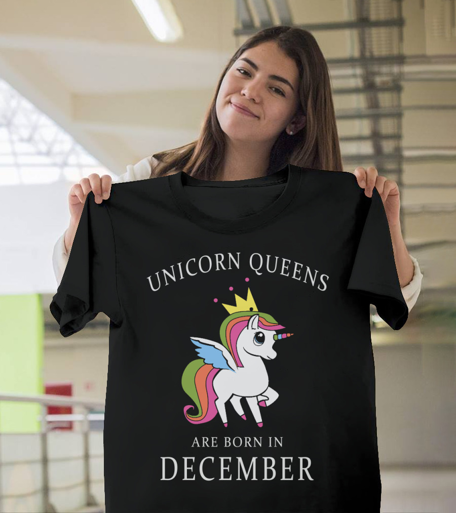 Unicorn Queens Are Born In December With Crown And Wings T-Shirt
