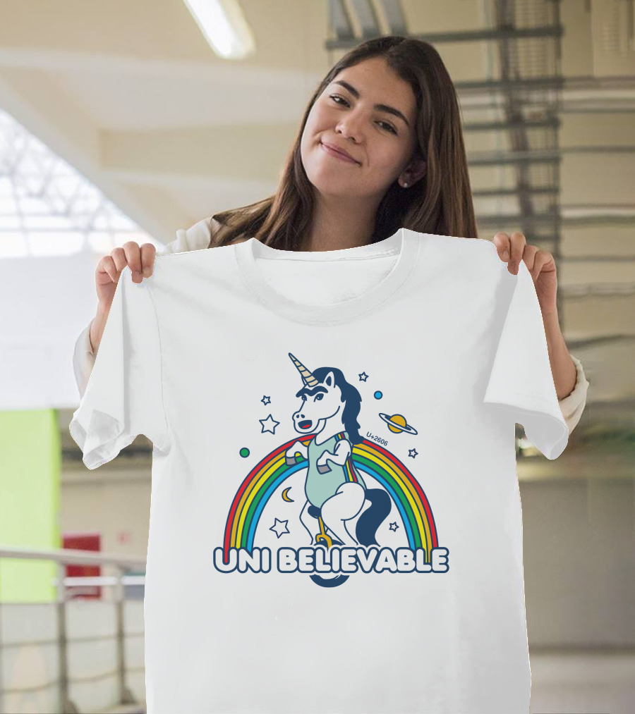 UNI BELIEVABLE Rainbow Unicorn Unicycle Planet Stars U+2605 T-Shirt