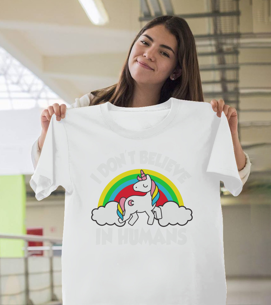 Unicorns I Don't Believe in Humans Rainbow Cloud T-Shirt
